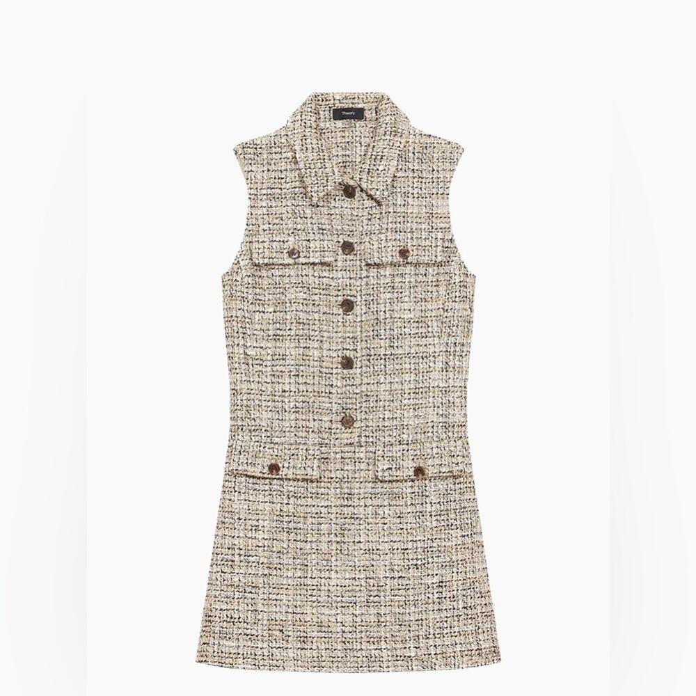 Theory Tweed Sleeveless Minidress Neutral Cream Tan Women’s Size 10 NWOT - Picture 2 of 14
